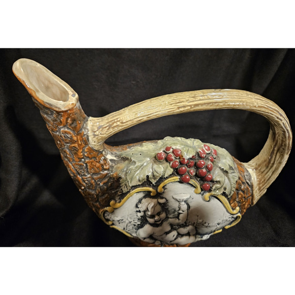 Vintage Pitcher Vase Cherub Angel Fruit Bischoff - Hand Painted Italy - 7.5" - Picture 3 of 7